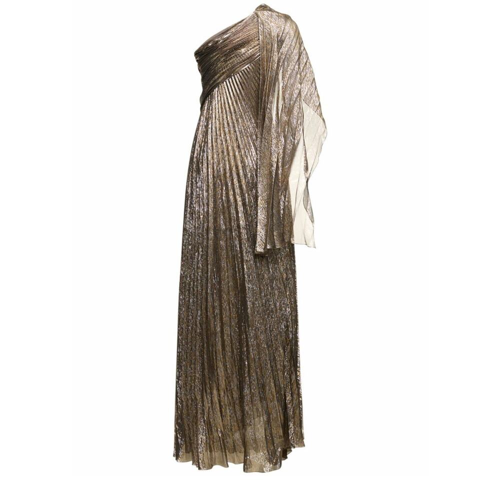 Oscar De La Renta One Shoulder Gown Draped Silk Lame Pleated Maxi Dress Formal - Picture 13 of 15